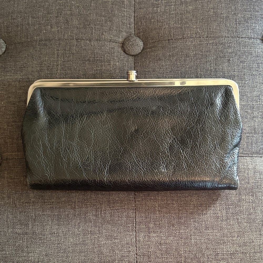 HOBO international Lauren Black Leather Clutch with Silver Trim